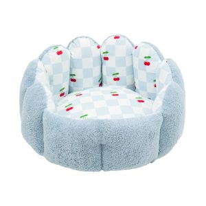 Scallop Towelling Pet Bed Blue Checkered Cherry Print